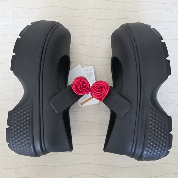 Crocs Womens Stomp Rosette Mary Jane Black Platform Clogs w/ Flower Size 8 NEW - Picture 9 of 11